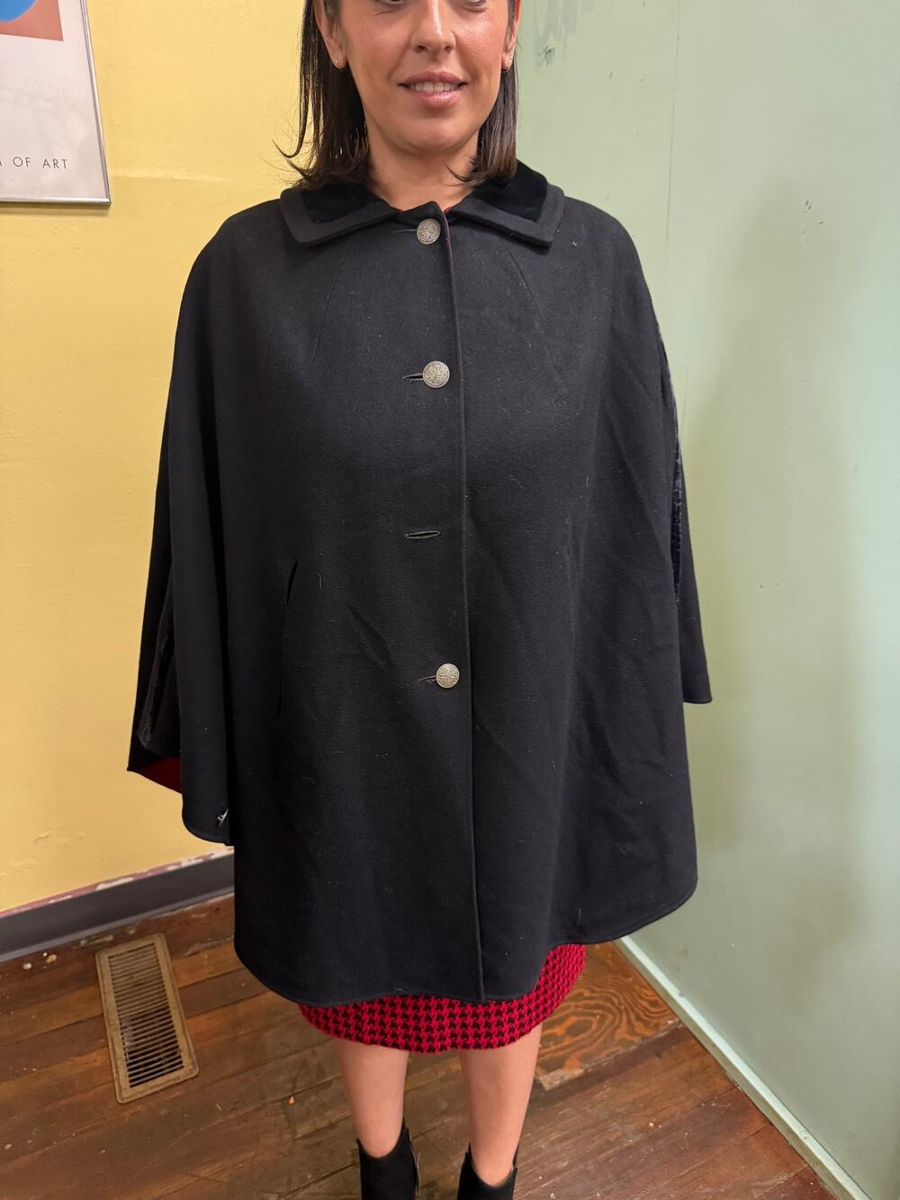 Vintage Black Wool Swing Cape Tyrol 1809 Metal Buttons Mid-Century Alpine Style